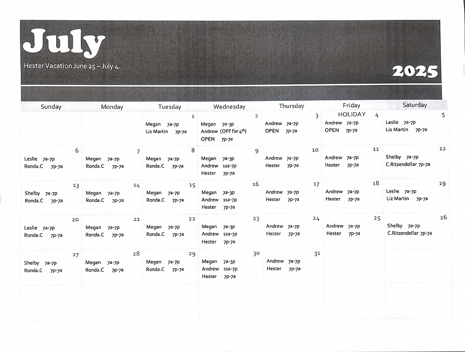 July Schedule